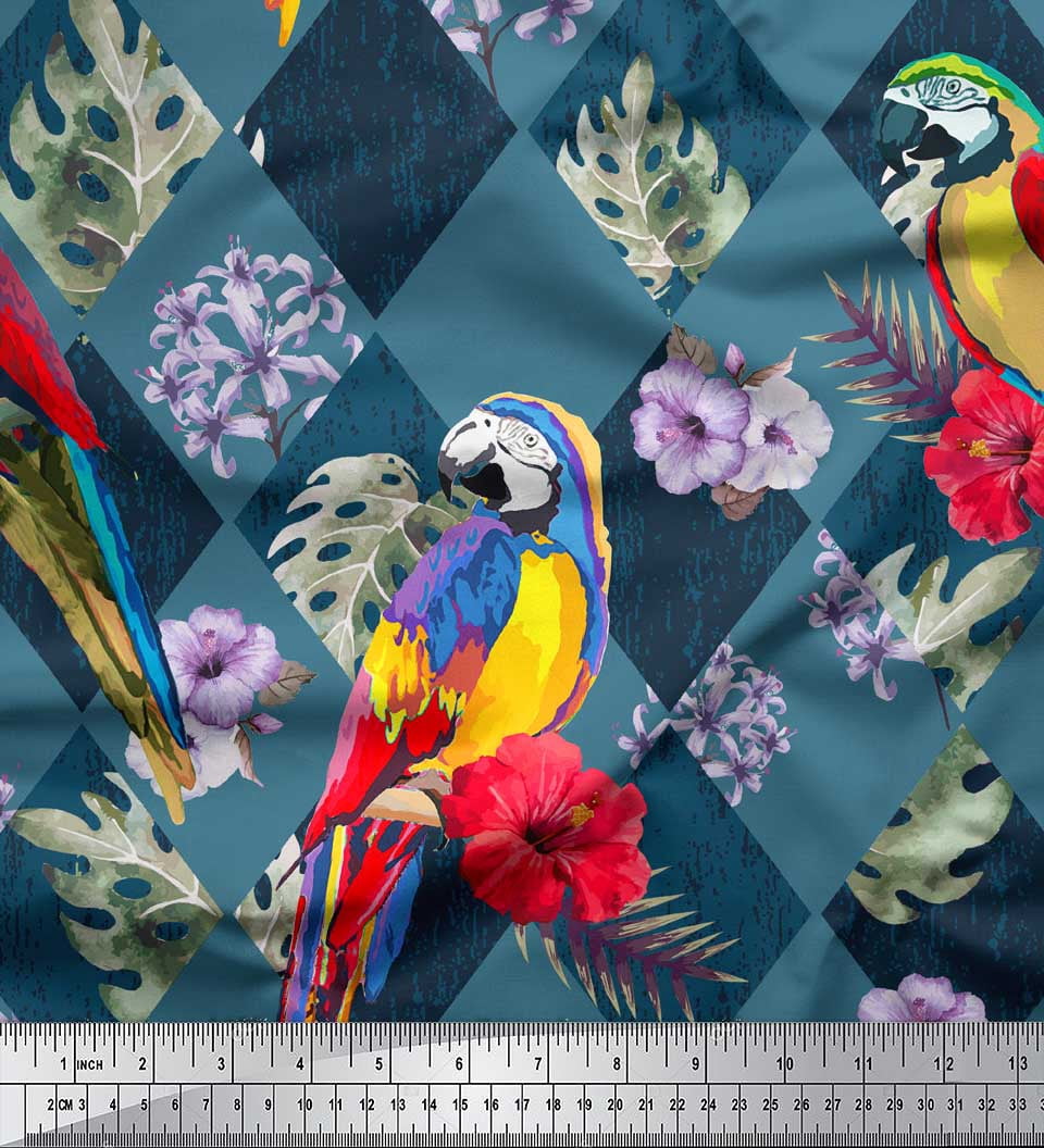 Soimoi Blue Viscose Chiffon Fabric Floral Tropical Bird Printed Craft Fabric by The Yard 42 Inch Wide
