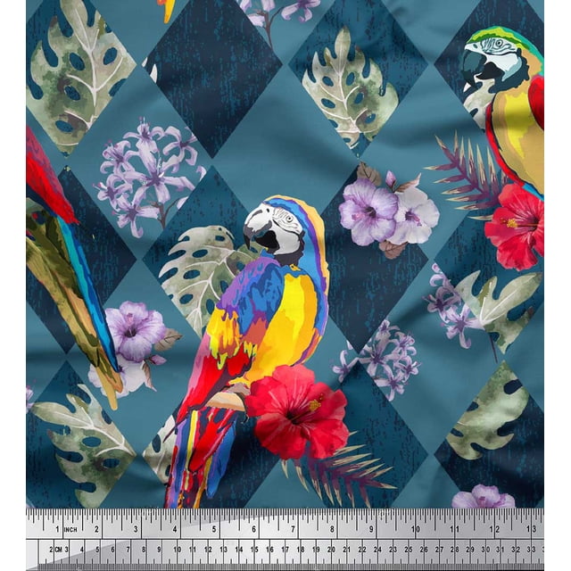 Soimoi Blue Rayon Fabric Floral Tropical Bird Fabric Prints by Yard 58 Inch Wide