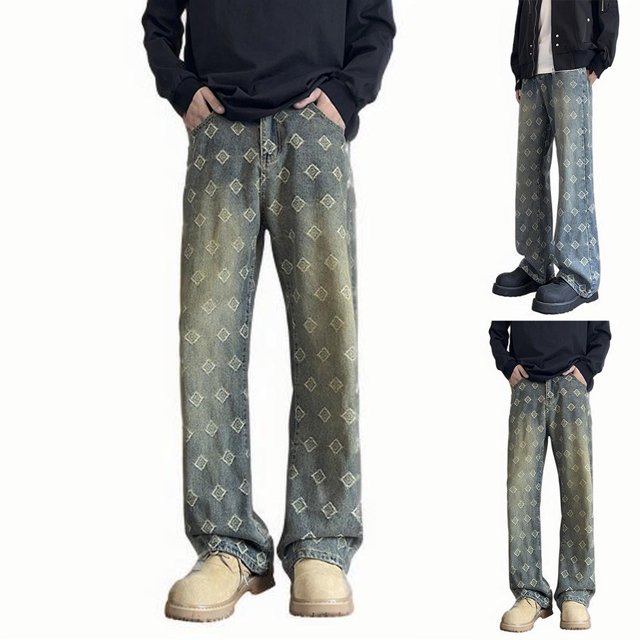 Styesk Men's Pants Man Loose Straight Barrel Pattern Jeans Pockets Drawstring Jeans