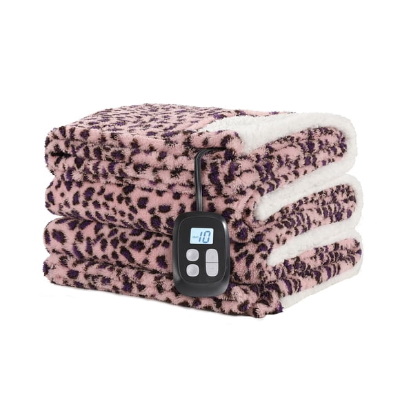 SUNNY HEAT Heated Electric Blanket Full Size 72'' x 84'' 6 Heating Levels & 1-10 Hours Auto Off, Leopard Pink & Purple