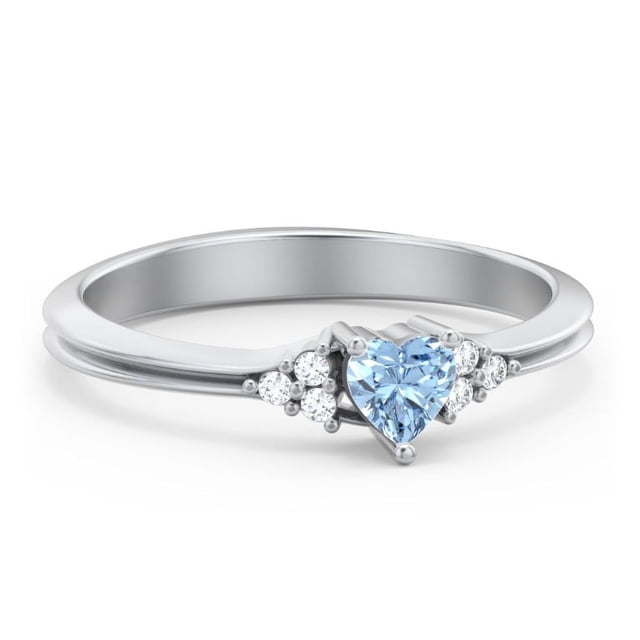 Birthstone Heart Ring with Shoulder Accents - Blue Topaz (December)