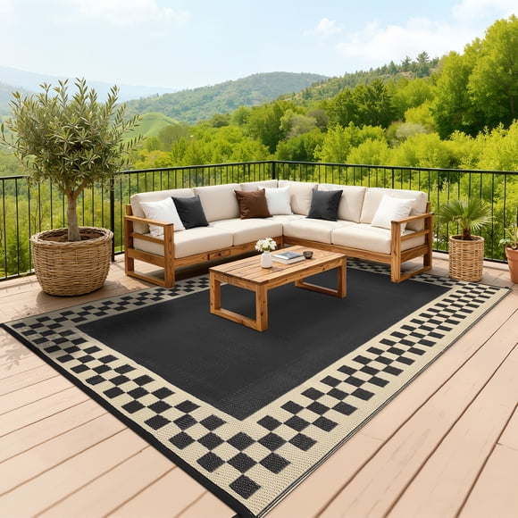 Nanan 9x12 Classic Checkered Border Outdoor Rug, All-Weather Waterproof Patio Mat, UV Resistant, Stain Resistant, Easy Clean Plastic Rug for Yard, Deck, Balcony, Camping,Black Coffee