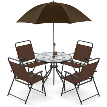 Costway Patiojoy 6 PCS Patio Dining Set Folding Chairs Glass Table Tilt Umbrella Garden Brown