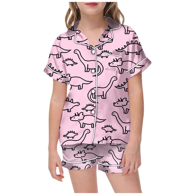 Hiiyo Big Girls Pajama Set Dinosaur Print Loungewear Pj's Set, 2-Piece, Sizes 2-13T