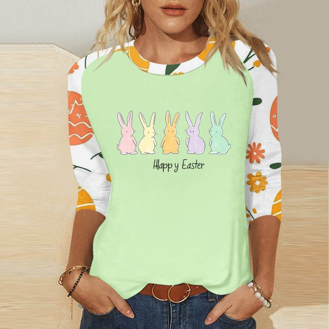 UPPADA Bunny T-Shirts de Pâques pour Femmes Lapin Oeuf Imprimé T-Shirts Manches 3/4 Col Rond T-Shirts d'Été Décontractés Mignons T-Shirts Graphiques Chandail Confortable Haut Vert,TTTG