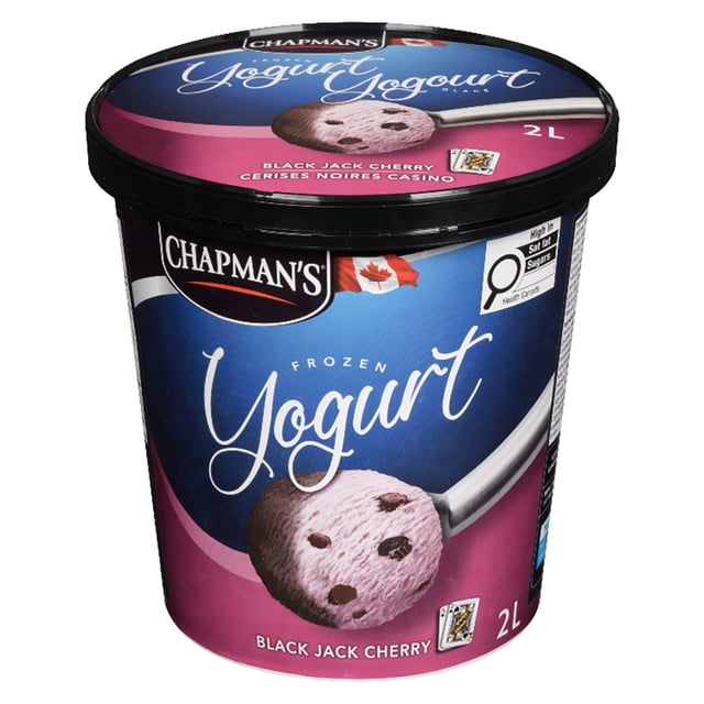 Chapman's Frozen Yogurt Black Jack Cherry in a 2L tub with a black lid, featuring a blue and pink label with a spoonful of pink frozen yogurt containing chocolate chips, Canadian flag emblem, and Health Canada nutritional warning for high saturated fat and sugars, made with 100% Canadian dairy and all natural flavours.