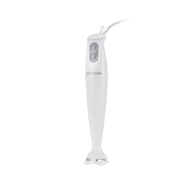 Proctor Silex 2-Speed Immersion Hand Blender, 150W, white handheld kitchen blender with ergonomic handle and two speed controls, featuring a detachable stainless steel blending wand for easy cleaning, suitable for blending soups, sauces, and smoothies.