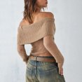 thumbnail image 3 of Fortune Women Off Shoulder Sweater Mesh Knit Cropped Pullover Solid Color Long Sleeve Slim Fit Crop Top, 3 of 8
