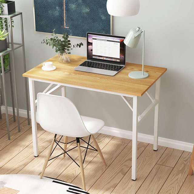 Folding Computer Desk Foldable Work Desk Table Writing Desk Folding Home Office Desk No to Assemble Teak&
