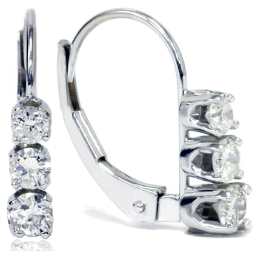 1/2ct TW 3-Stone Real Diamond Women's Lever Back Earrings 14K White Gold