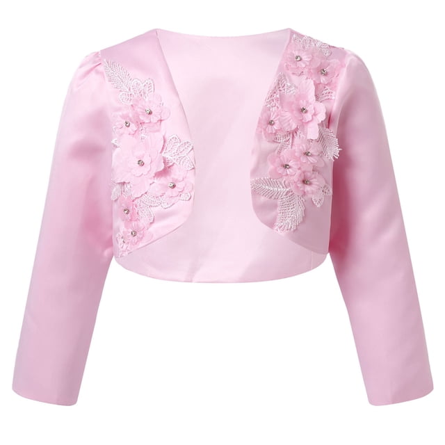 TSSOE Boléro Shrug à Manches Longues pour Filles, Broderie Florale, Robe de Princesse, Couvre-Robe, Cardigan Court, Rose 90
