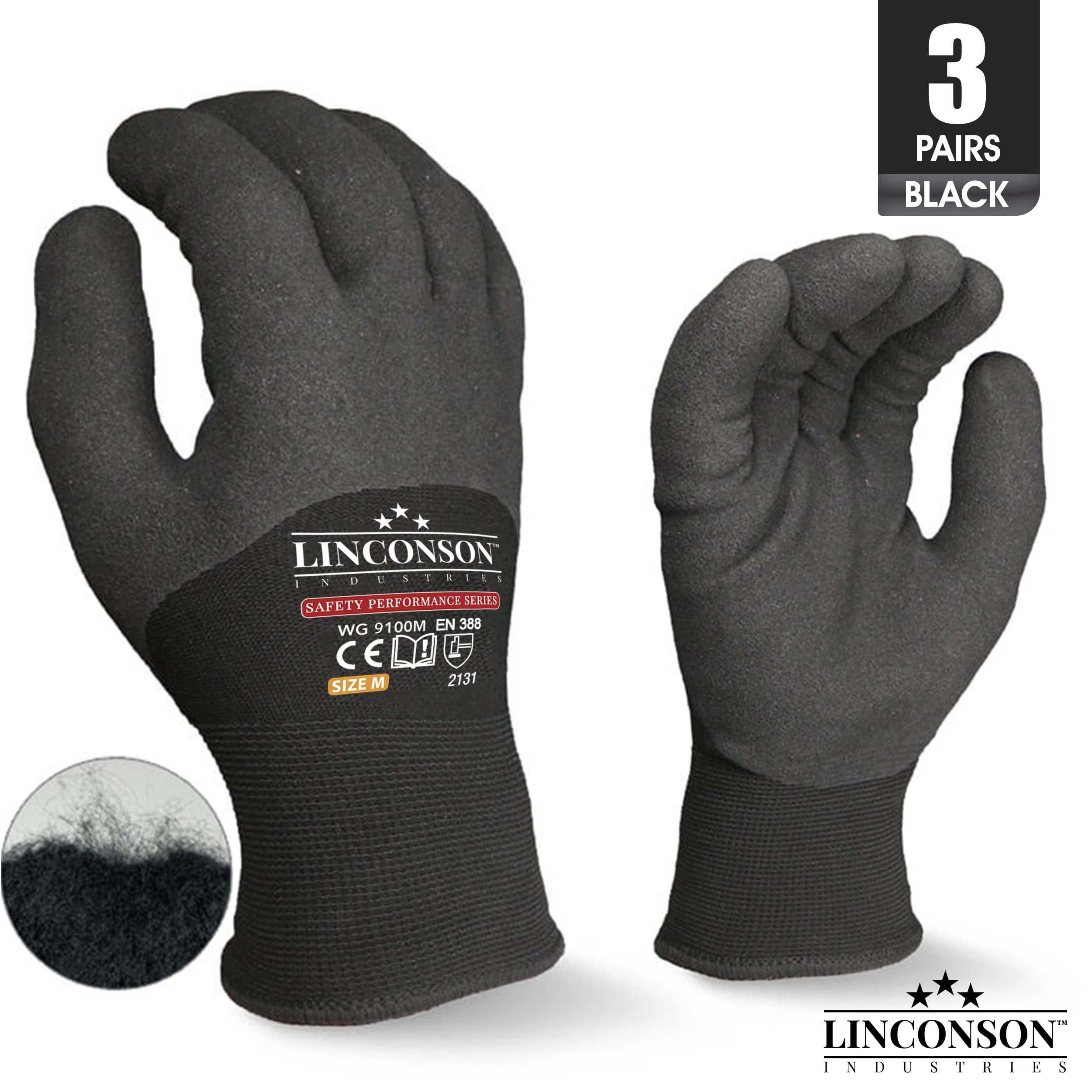LINCONSON 3 Pack Winter Work Gloves Suitable for Outdoors Construction Warehousing Freezers & Mechanics, Safety Performance Series-Black