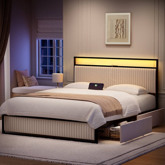 GUNAITO Queen Bed Frame with Headboard, Platform Bed with 2 Drawers, Velvet Upholstered Bed Frame with LED Lights & Charging station,Beige
