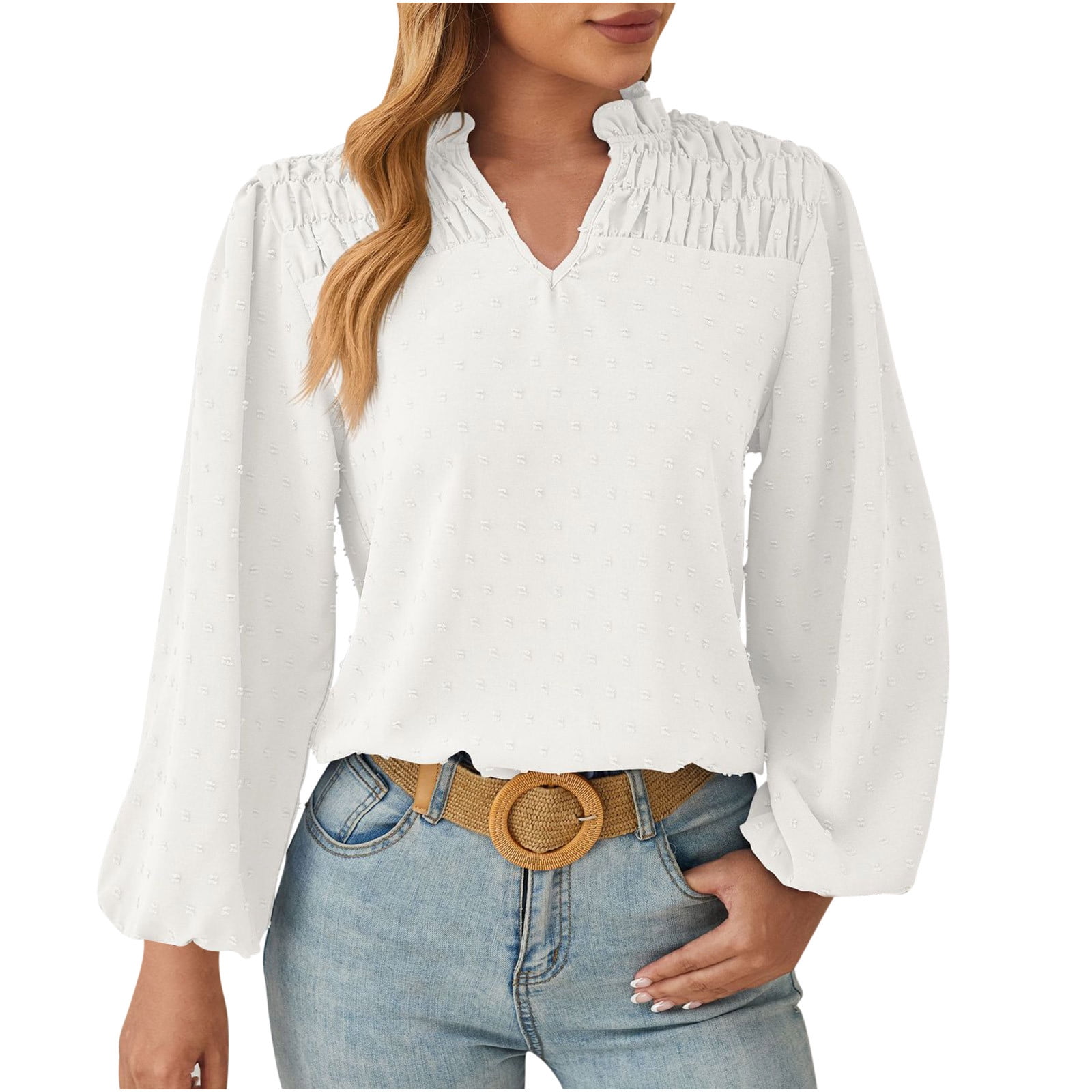 Timegard Womens Tops Long Sleeve Ruched V-Neck Flowy Lightweight Business Blouse Dressy Casual Loose Tops