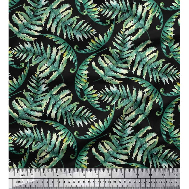 Soimoi Black Rayon Crepe Fabric Cedar Leaves Print Sewing Fabric BTY 46 Inch Wide