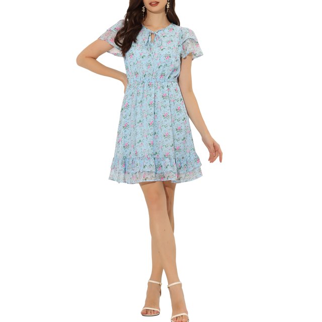 INSPIRE CHIC Women's Ruffle Sleeve Self-Tie V Neck Above Knee Ruffled A-Line Floral Chiffon Dress M Light Blue