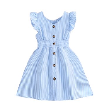 Girls Dresses - Summer Casual Dress for Girls Sleeveless A Line Style with Button Down Ruffle Hem and Striped Design for Active Kids