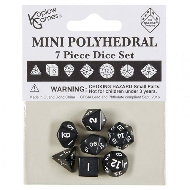 Koplow KPL18982 Mini Polyhedral Black Dice with White Numbers - Set of 7