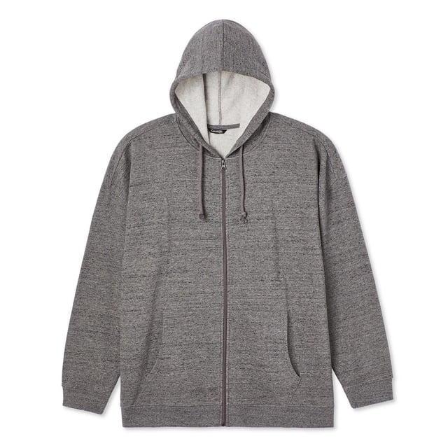 George Big Men's Full-Zip Hoodie in grey, front-facing with hood up and drawstrings, made of brushed back fleece with full zipper, kangaroo pockets, ribbed cuffs and hem, and long sleeves with dropped shoulders, ideal for layering on windy days.