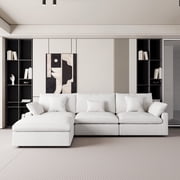 The Magic Home 3-Seater Cloud Modular L-Shaped Linen Sectional Sofa with Ottoman, White