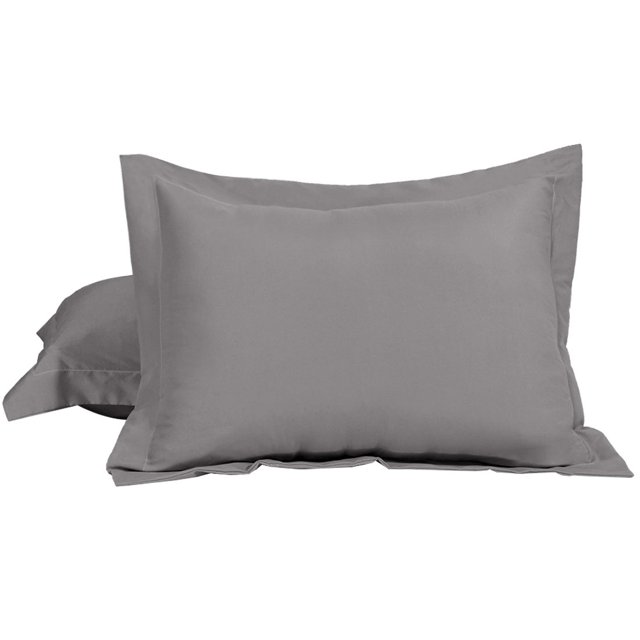 Unique Bargains Soft 1800 Microfiber Oxford Pillowcases in grey, made from brushed microfiber fabric for excellent breathability and hair care benefits. Features a 2-inch flange design on all sides and an envelope-style tuck flap for secure fit. Package includes two pillowcases, ideal for bedrooms, guest rooms, RVs, and travel. Machine washable, wrinkle-resistant, and durable.