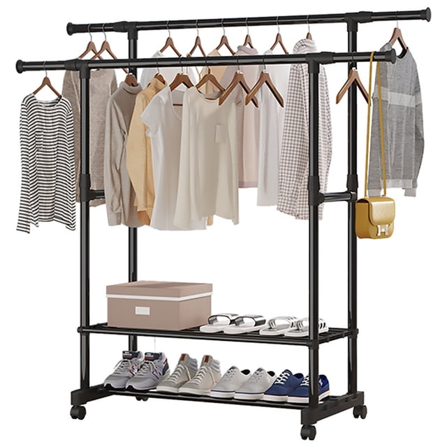 yeacher Support à Vêtements Réglable à 2 Niveaux sur Roulettes avec Roues, Cintre en Métal Portable pour la Maison, l'Entrée et le Garde-Robe, Assemblage Facile, Noir