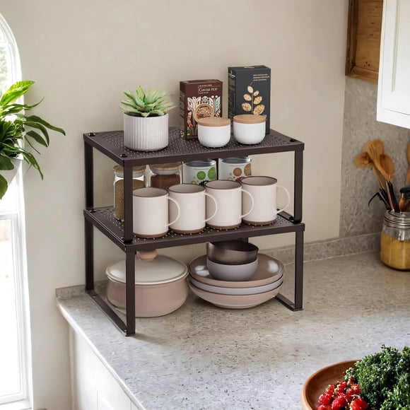 Set of 2 Expandable Metal Spice Racks, Stackable Shelf Organizers for Cabinet or Countertop, 22 lb Capacity, Brown