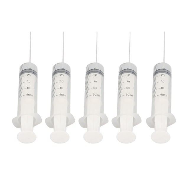 Inks Refill Syringes, Leakage Free PP Stainless Steel Ink Filling Syringe Little Bubble for Printer. The image shows five transparent ink filling syringes, each with a 50ml capacity and clear measurement scales. Made of PP plastic and stainless steel, the syringes include attached stainless steel needles. Suitable for ink refilling, laboratory use, sealing, and lubrication.