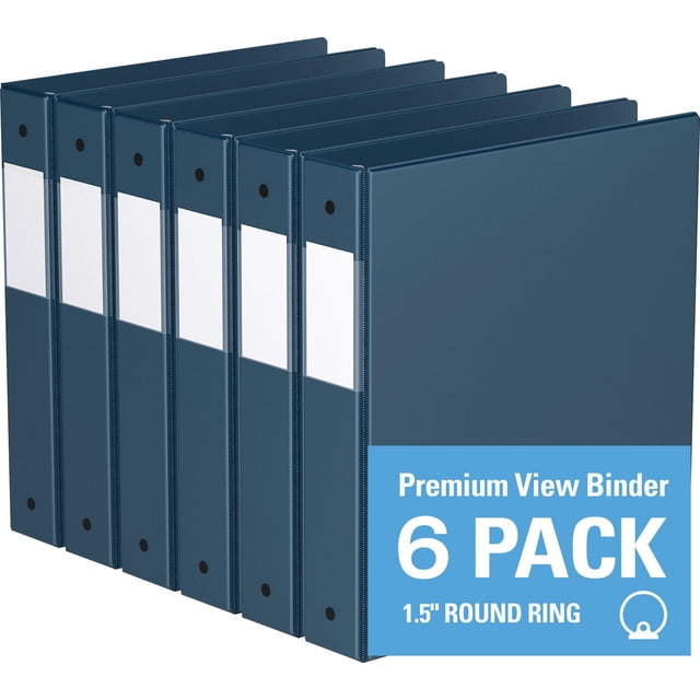 Davis Group, Premium Economy, Round Ring, Binder, 6 Pack, 1.5" showing six dark blue binders with 1.5-inch round rings, clear interior pockets on front and back covers for document security, and full-width label holders on spines, ideal for office, school, and conference use.