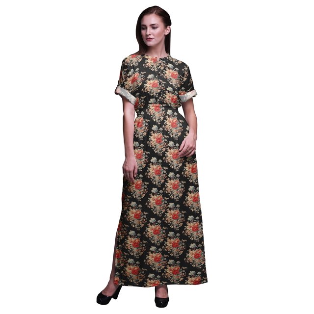 Bimba Robe Longue Maxi d'Été à Fente Latérale Imprimée Feuilles et Fleurs pour Femmes - TTTG