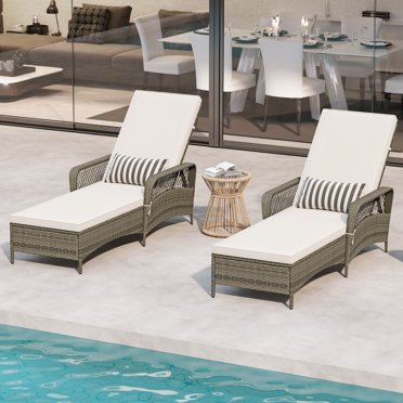 Gymax Patio Rattan Chaise Lounge Outdoor Set of 2, Mix Gray