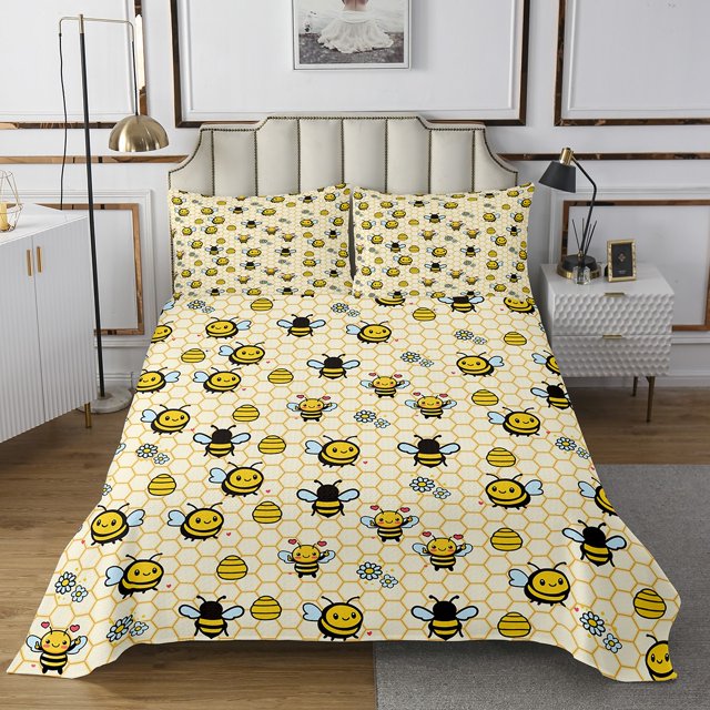 Erosebridal Kawaii Bee Coverlet Set Twin, Honeycomb Geometric Bedding Set, Groovy Floral Decor, 2-Piece
