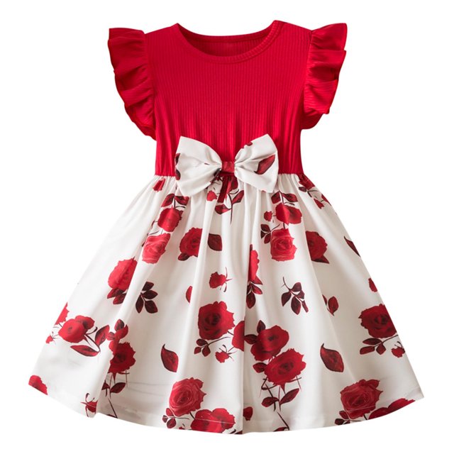 Liquidation d'Économies d'Été! WRKEKC Robe Fleurie pour Fille, Robe d'Été Décontractée pour Fille, Robe d'Été à Manches Courtes pour Fille avec Volants, Col Rond, Dentelle Brodée, Jupe Princesse à Nœud 6 Ans