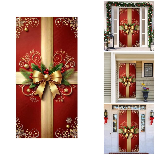 BotaniNest Rideau de Porte Rouge et Or Élégant pour Vacances Intérieur et Extérieur Fête d'Hiver Joyeux Porte Suspendue