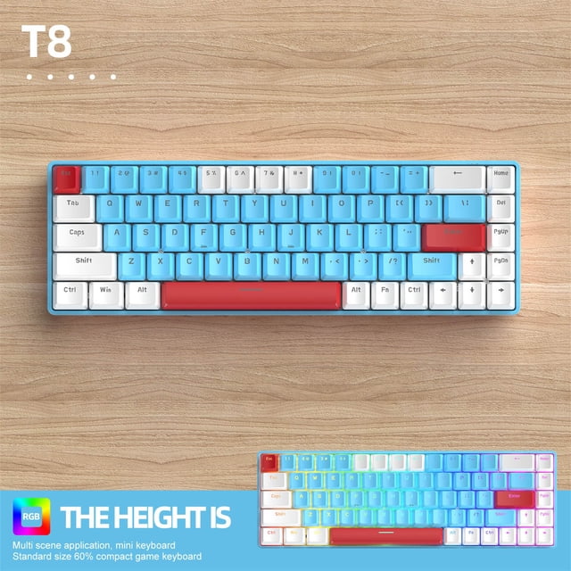 TIMIFIS Keyboard Computer Desktop Gaming Keyboard, a 68-key compact mechanical keyboard with a blue and white color scheme and red accents. Features Type-C wired connectivity, RGB LED backlighting with 18 customizable lighting effects, and Blue Axis switches for tactile feedback. Designed for gaming and typing with anti-ghosting keys and ergonomic comfort. Ideal as a gaming accessory, displayed on a wooden desk.