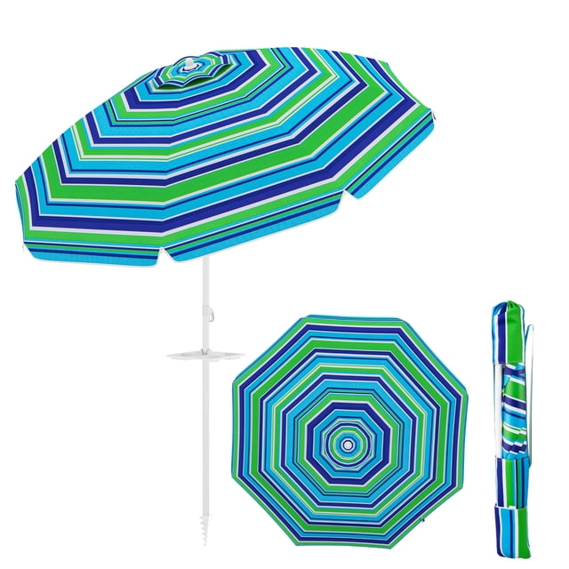 Gymax Parasol de Plage de 6,5 Pi pour le Sable, Parasol Pare-Soleil Robuste avec Auvent Rayé Vert, Bleu et Blanc vibrant. Doté d'Un Mécanisme Inclinable pour une protection Solaire Réglable, d'Un Poteau Métallique Robuste de 1,3 Po d'Épaisseur et d'Une Ancre pour le Sable pour la Stabilité. Comprend une table Détachable avec Porte-Gobelets et Plateaux, et un Sac de Transport Assorti pour la Portabilité. Fabriqué en Tissu polyester Enduit d'Argent UPF 50+ pour la Résistance au Soleil et à l'Eau. Idéal pour une Utilisation Extérieure à la Plage