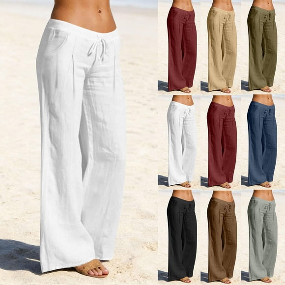 YFNNUP Womens Linen Pants Wide Legs Elastic Waist Pant Soft Lightweight Lounge Pants for Summer, Elastic Waist Trousers w Pockets Navy XL