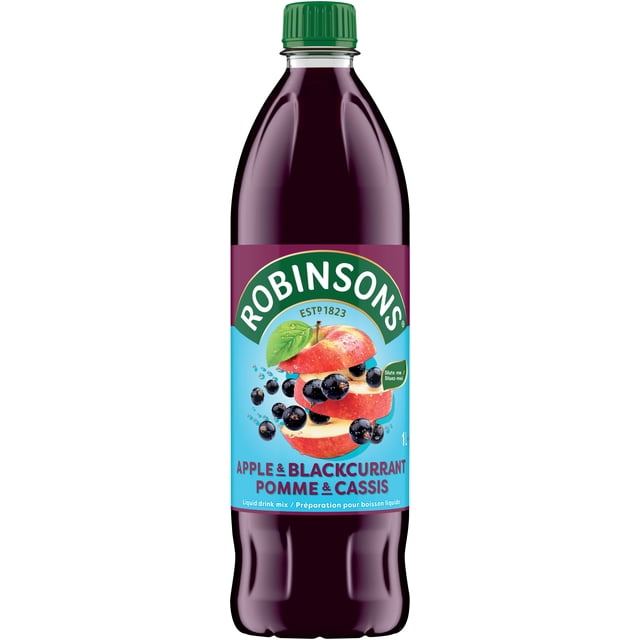 Robinsons Apple & Blackcurrant Concentrate plastic bottle with green cap, featuring a label with sliced red apple and blackcurrants on a blue background, a no added sugar liquid drink mix suitable for dilution.