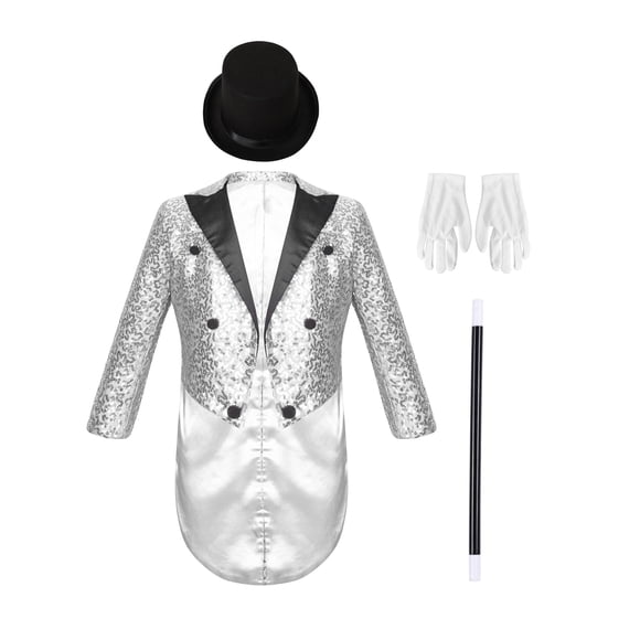 Jizyo Kids Magician Set Sequined Tailcoat with Accessory for Holiday Carnival Stage Performance Themed Party Silver 10