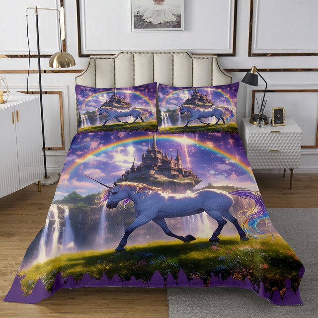 Erosebridal Magic Unicorn Coverlet Set King, Castle Waterfall Rainbow Bedding Set, Fairy Tale Room Decor 3-Piece