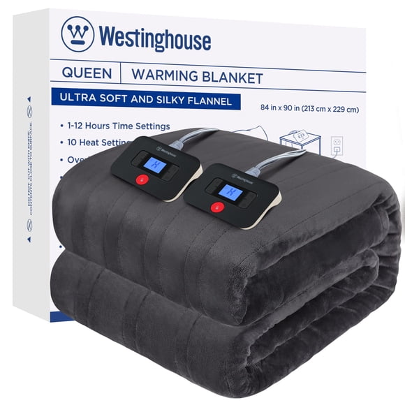 Westinghouse Electric Blanket Queen Size Super Cozy Soft Flannel 84"""" x 90"""" Heated Blanket with 10 Fast Heating Levels & 1-12 Auto-Off Machine Washable ETL&FCC Certification Charcoal