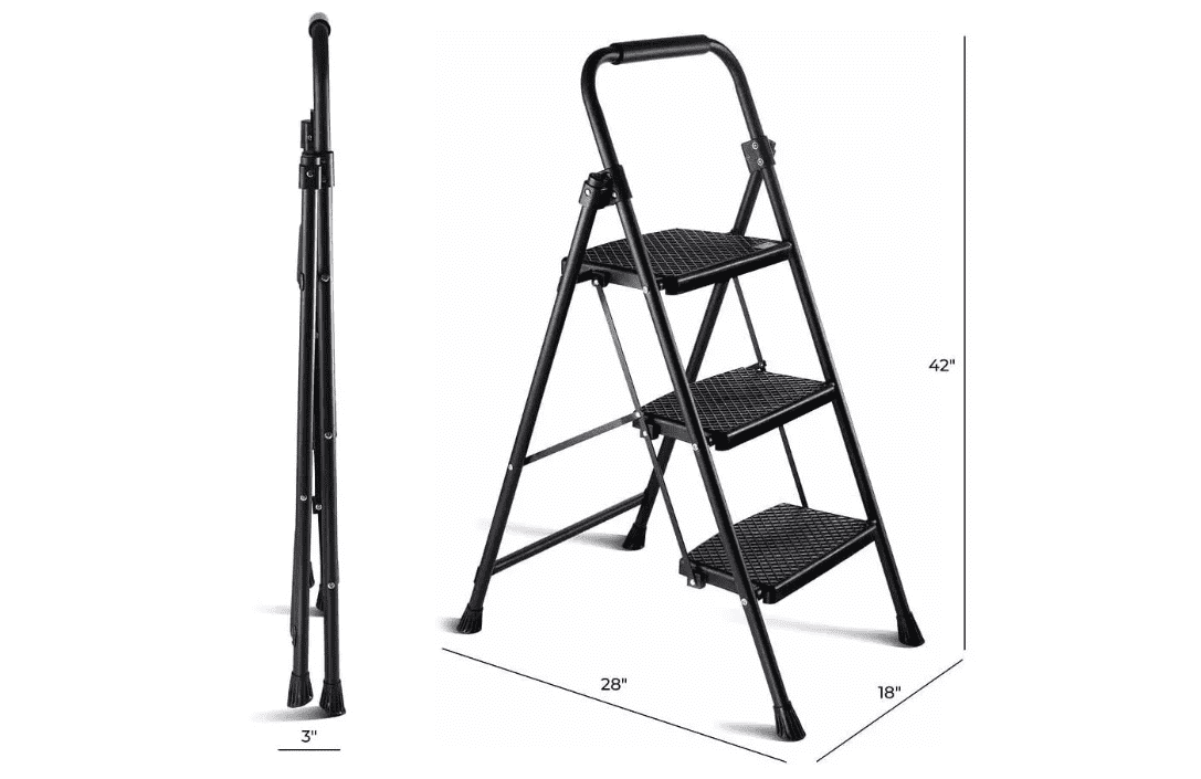 afeifafa-3-Step Folding Step Ladder – Lightweight & Portable Steel with Wide Anti-Slip Pedals – Ideal for Home & Office Use