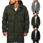Blekii Men's Long Puffer Coat, Solid Color Hooded Winter Jacket, Quilted Splicing Design Parka, Warm Thick Outerwear for Extreme Cold, Insulated Daily Winter Coat, Reliable