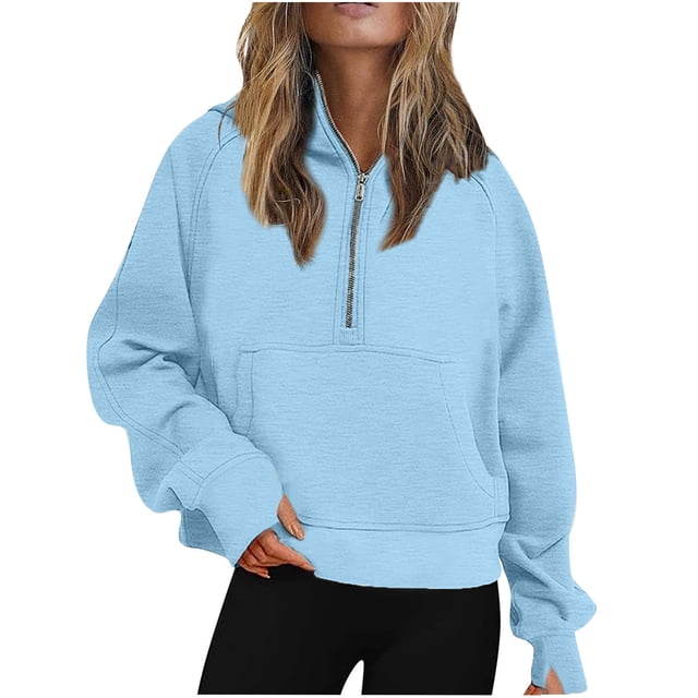 Half Zip Sweatshirt Women Plus Size Fleece Cropped Hoodies Pullover Fall Winter Warm Tops Thumb Hole