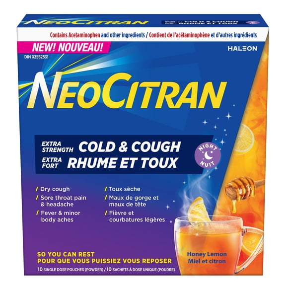 NeoCitran Extra Strength, Cold & Cough Night powder, Honey Lemon Flavour, 10 Single Dose pouches