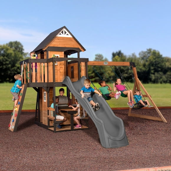 Backyard Discovery Mystic Tower Cedar Wood Swing Set with Wave Slide, Clubhouse, Crawl Tunnel, Crow's Nest, Secret Door, Rock Wall, Belt Swings, Web Swing, Rope Ladder, Step Ladder, Outdoor Playset