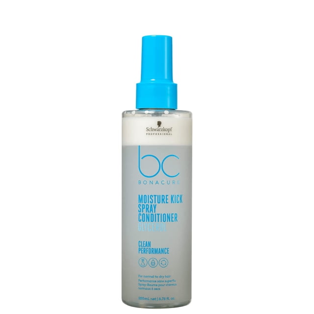Schwarzkopf BC Bonacure Hyaluronic Moisture Kick Spray Conditioner in a 400ml bottle. The product features a dual-phase formula with a blue and white design, a blue spray nozzle, and branding on the front. Suitable for normal to dry, brittle, or curly hair, it provides moisture, detangles, and adds shine.