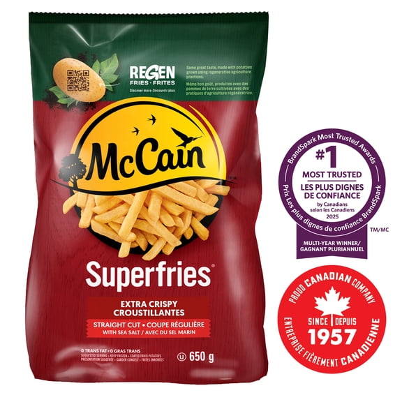 Frites à coupe régulière extra croustillantes Superfriesᴹᴰ McCainᴹᴰ, Fabriqué au Canada à partir d'ingrédients canadiens et importés 650g
