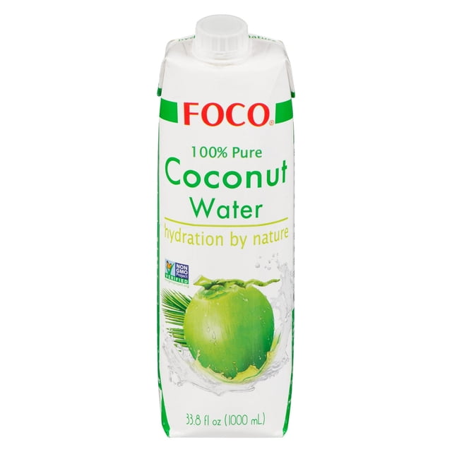 FOCO 100% Pure Coconut Water 1000mL carton with white background, green text, and a green coconut splashing in water, labeled non-GMO, natural isotonic beverage with electrolytes for hydration by nature.