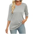 thumbnail image 3 of Timegard Hauts d'Été pour Femmes Col Rond Manches 3/4 Couleur Unie Chic Décontracté Chemises Amples Hauts Blouse, 3 of 6